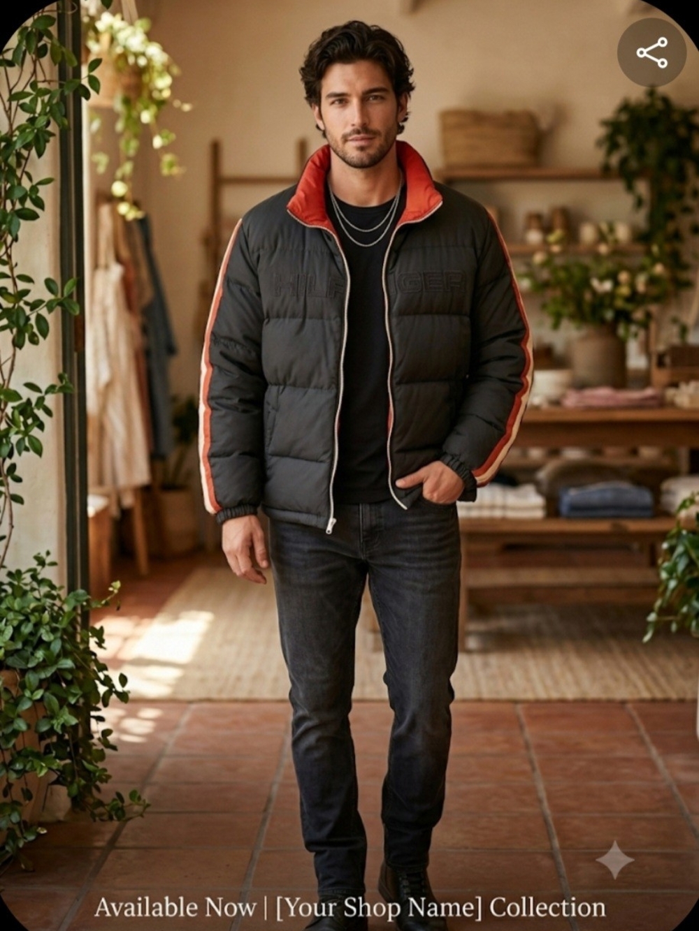 Reversible Men's Black Puffer Jacket with Orange Trim -Tommy Hilfiger